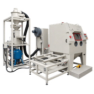 Cabina sabbiatrice industriale FEVI con doppio serbatoio abrasivo e sistema esterno a rotaie con sollevamento automatico
