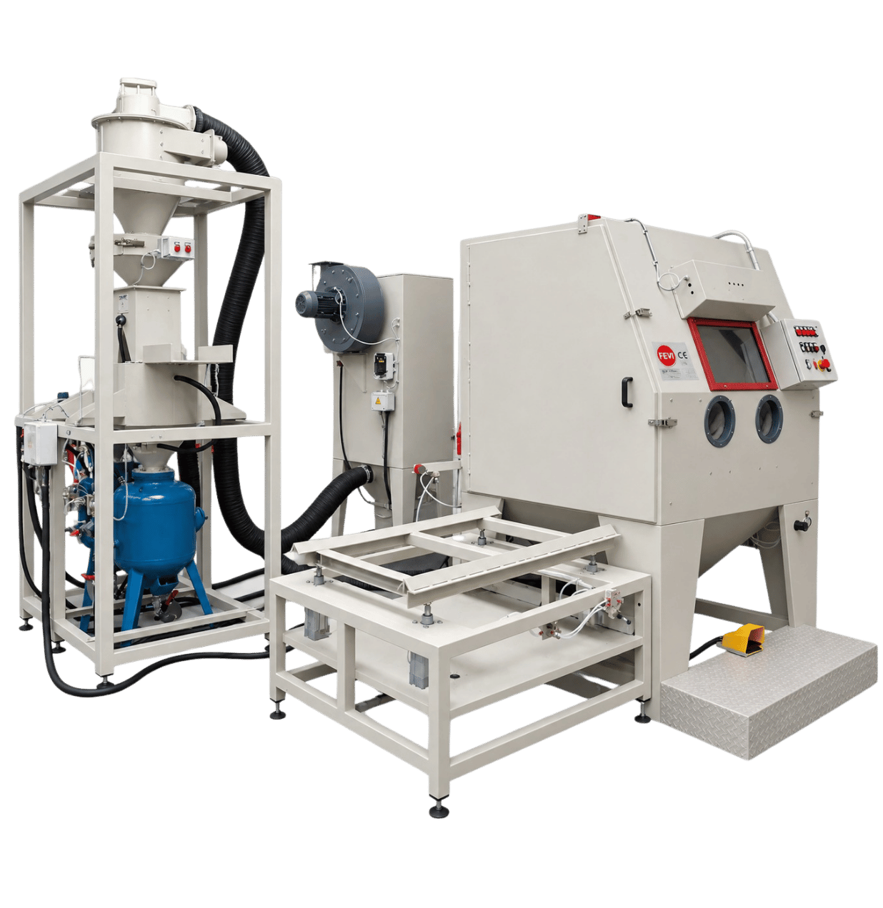 Cabina sabbiatrice industriale FEVI con doppio serbatoio abrasivo e sistema esterno a rotaie con sollevamento automatico
